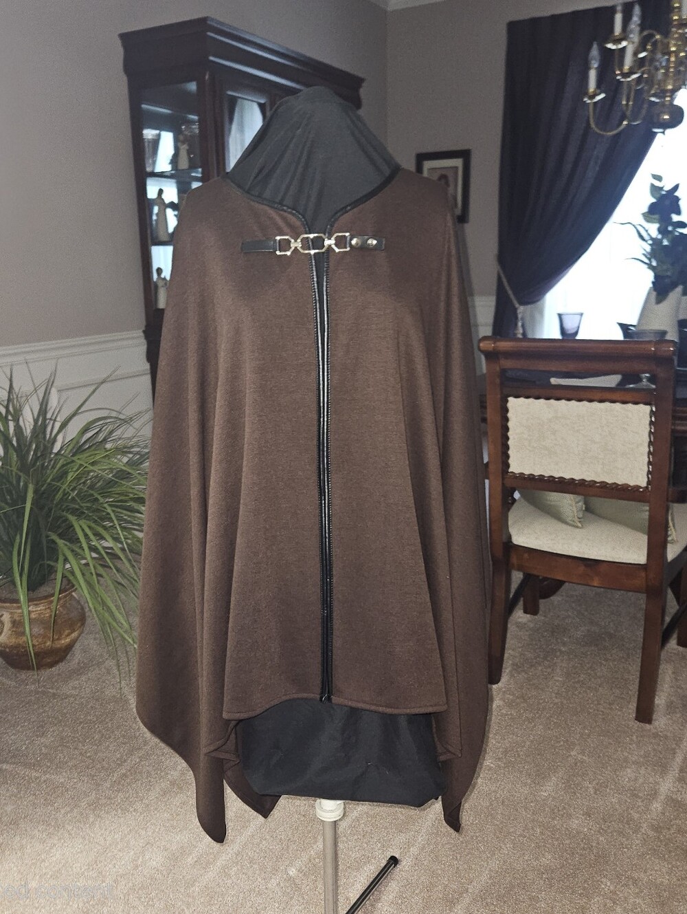SIGNATURE Brown Women"s Cape with Black Faux-Leather Piping